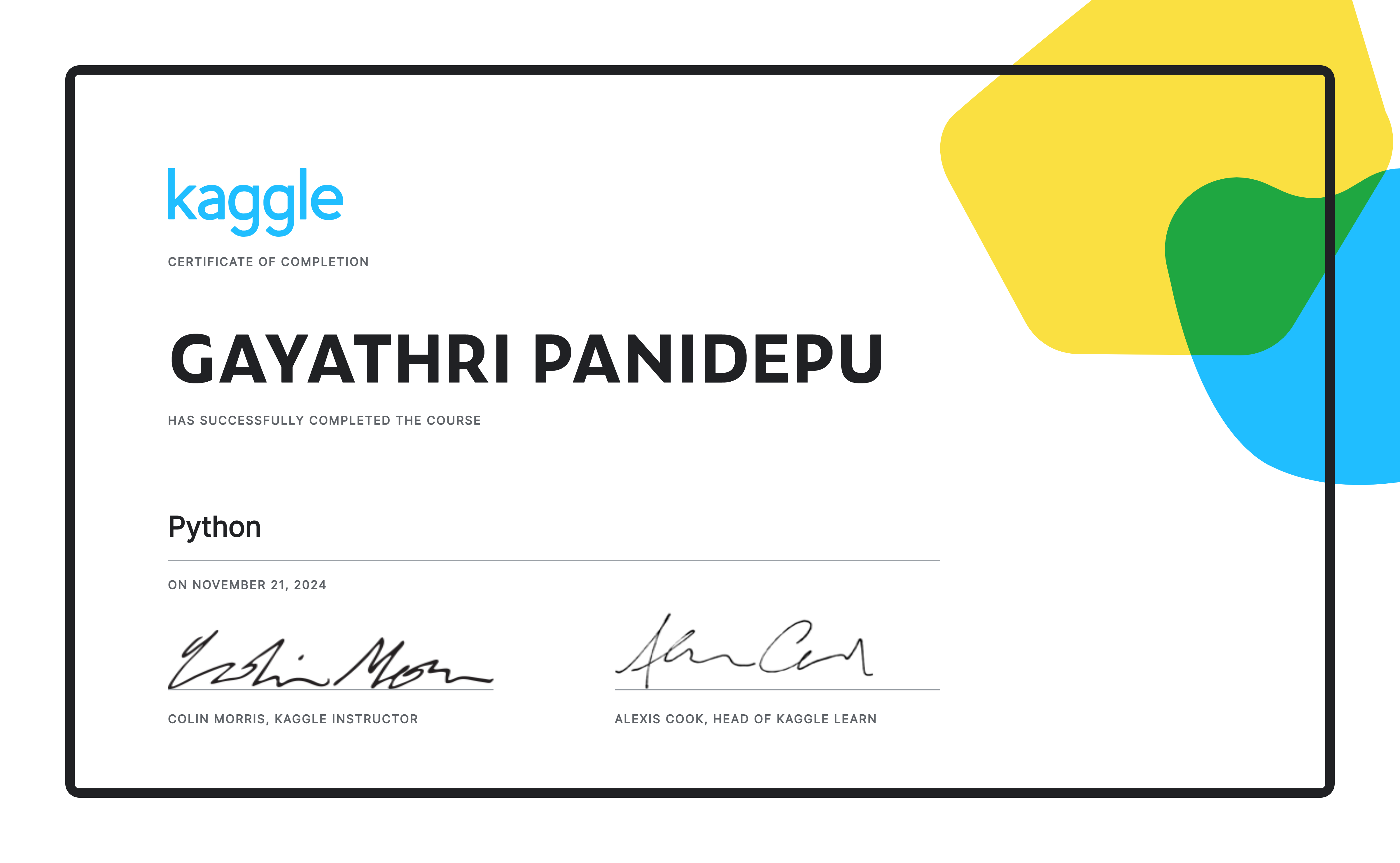 Gayathri panidepu completed the python course on kaggle 