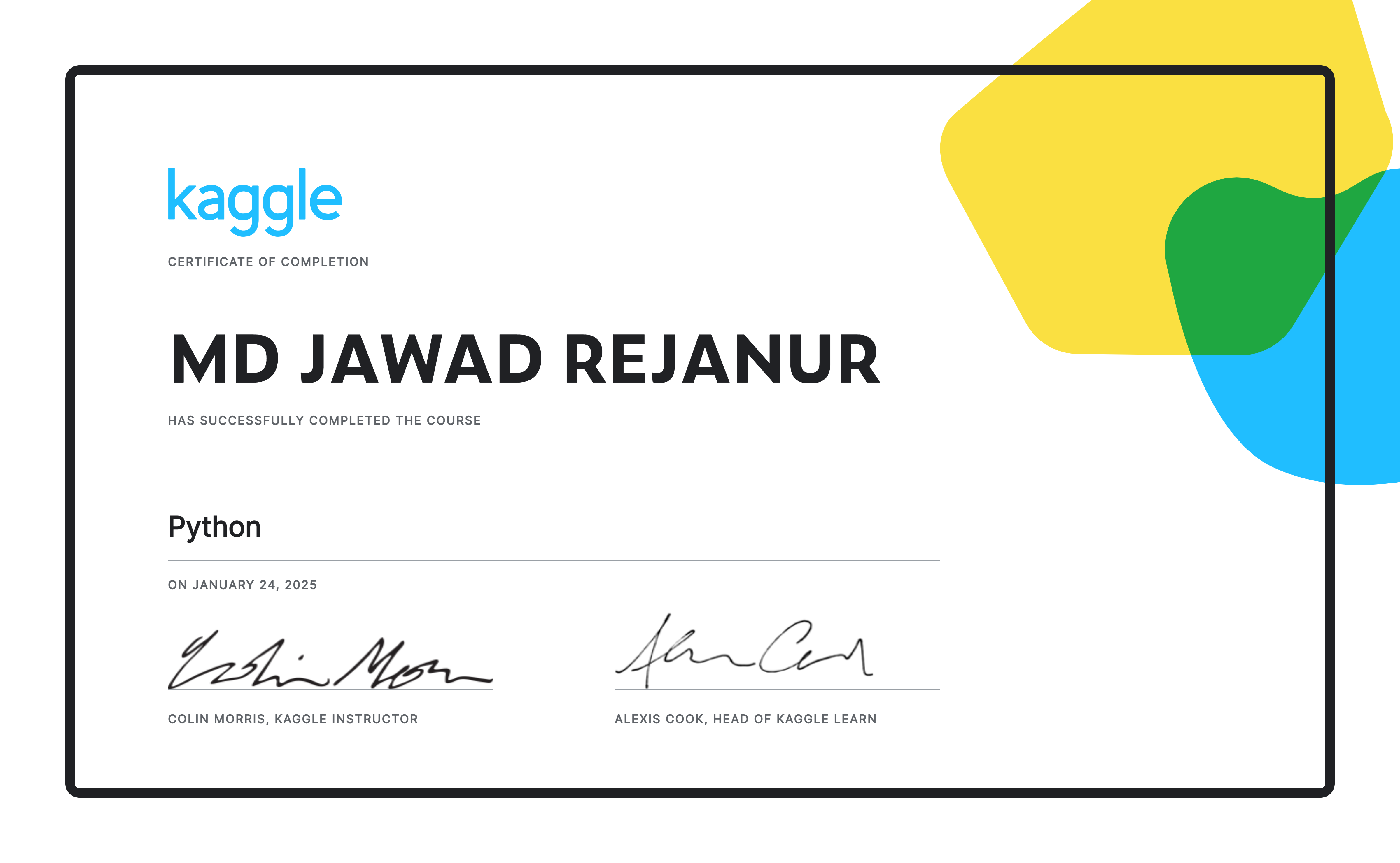 MD JAWAD REJANUR completed the Python course on Kaggle!