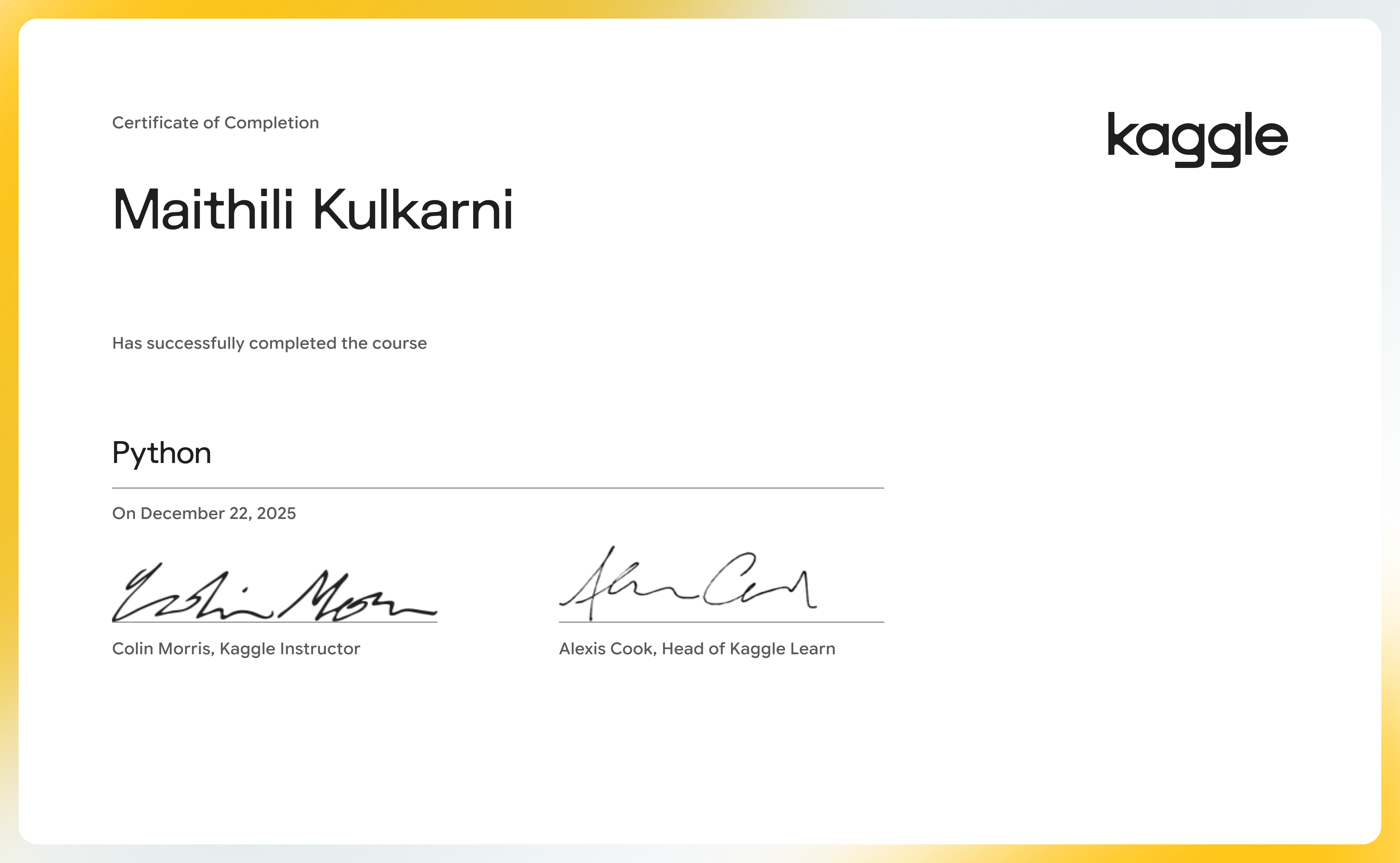 Maithili kulkarni completed the Python course on Kaggle!