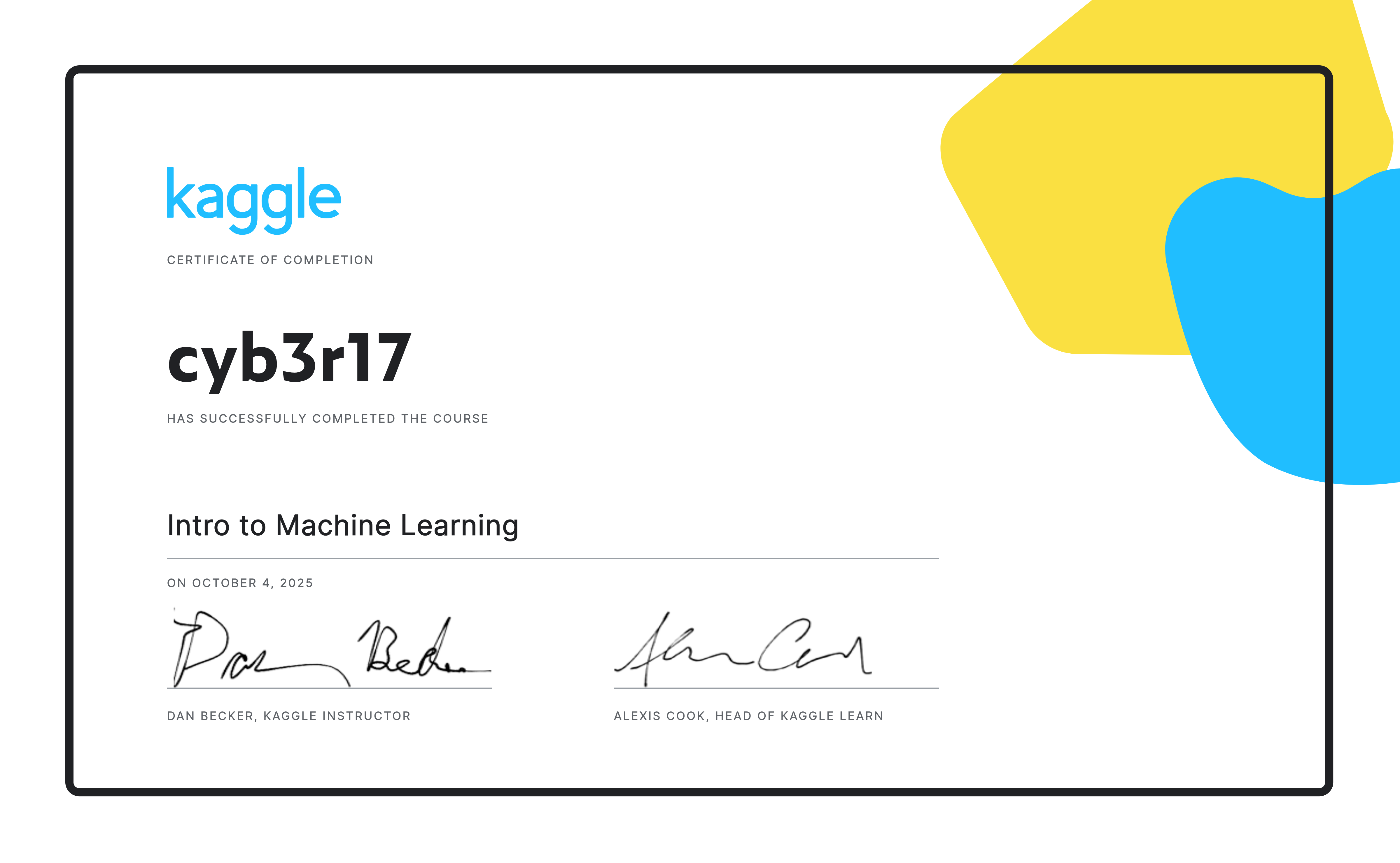 cyb3r17 completed the Intro to Machine Learning course on Kaggle!