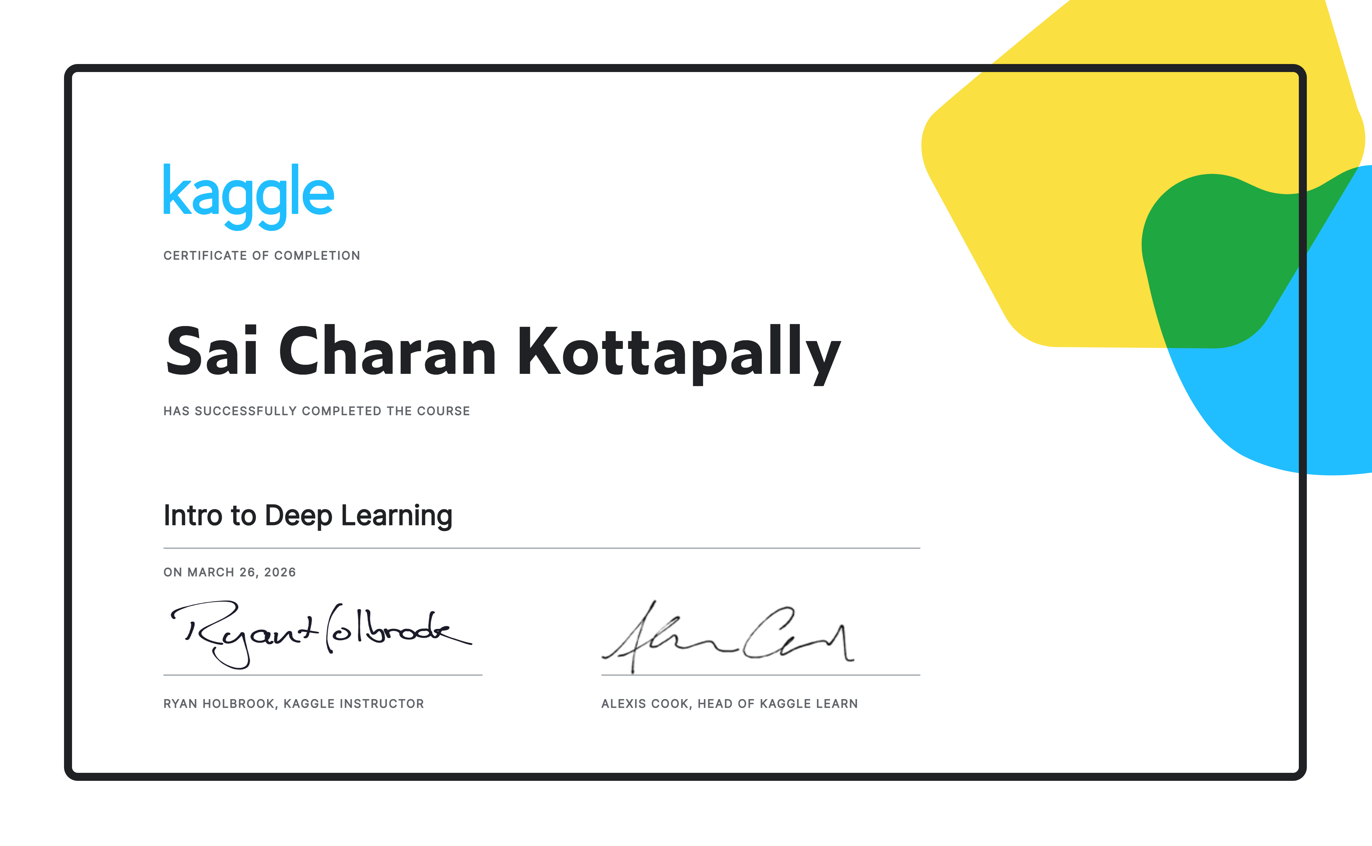 Sai Charan Kottapally completed the Intro to Deep Learning course on ...