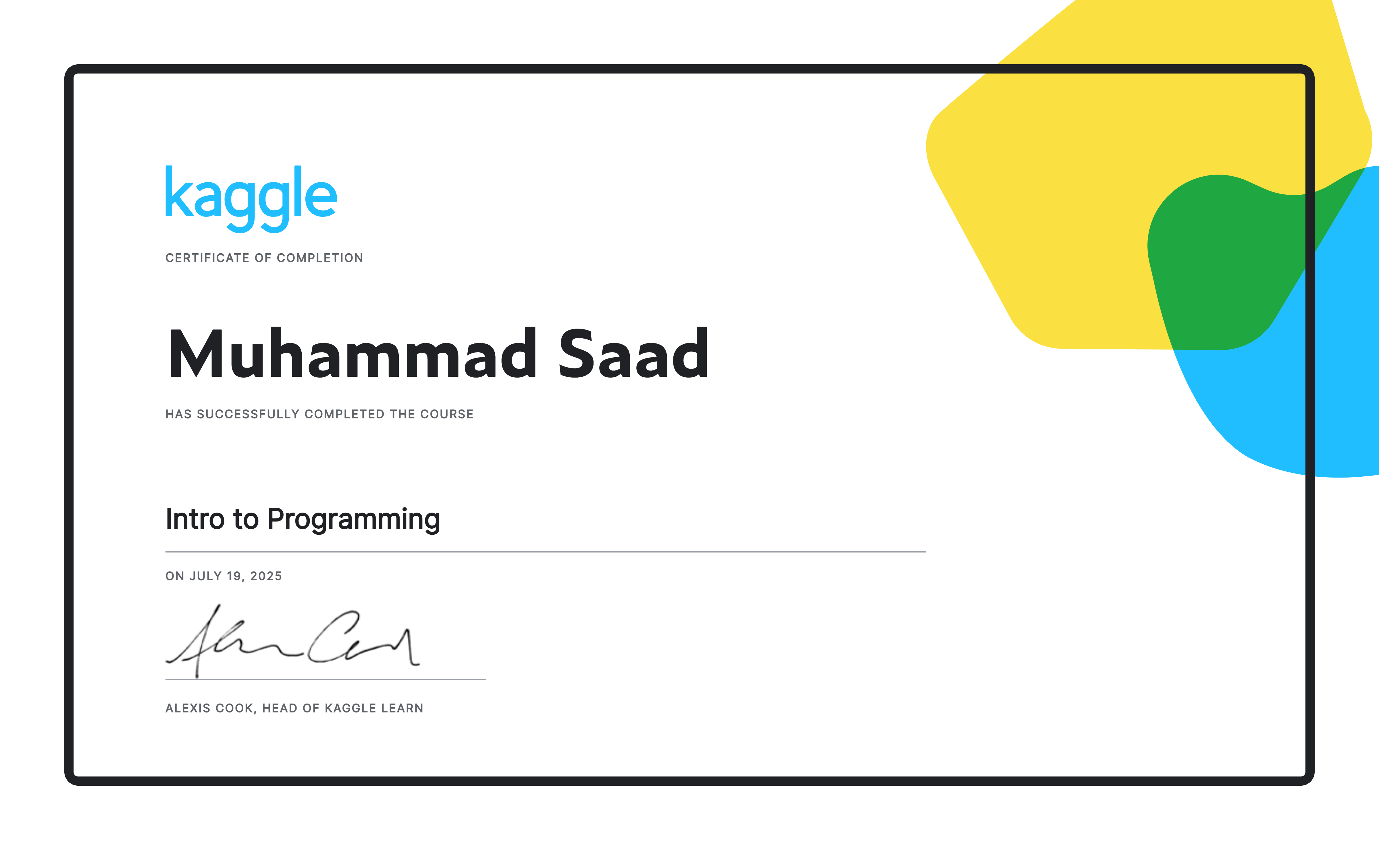 Muhammad Saad completed the Intro to Programming course on Kaggle!