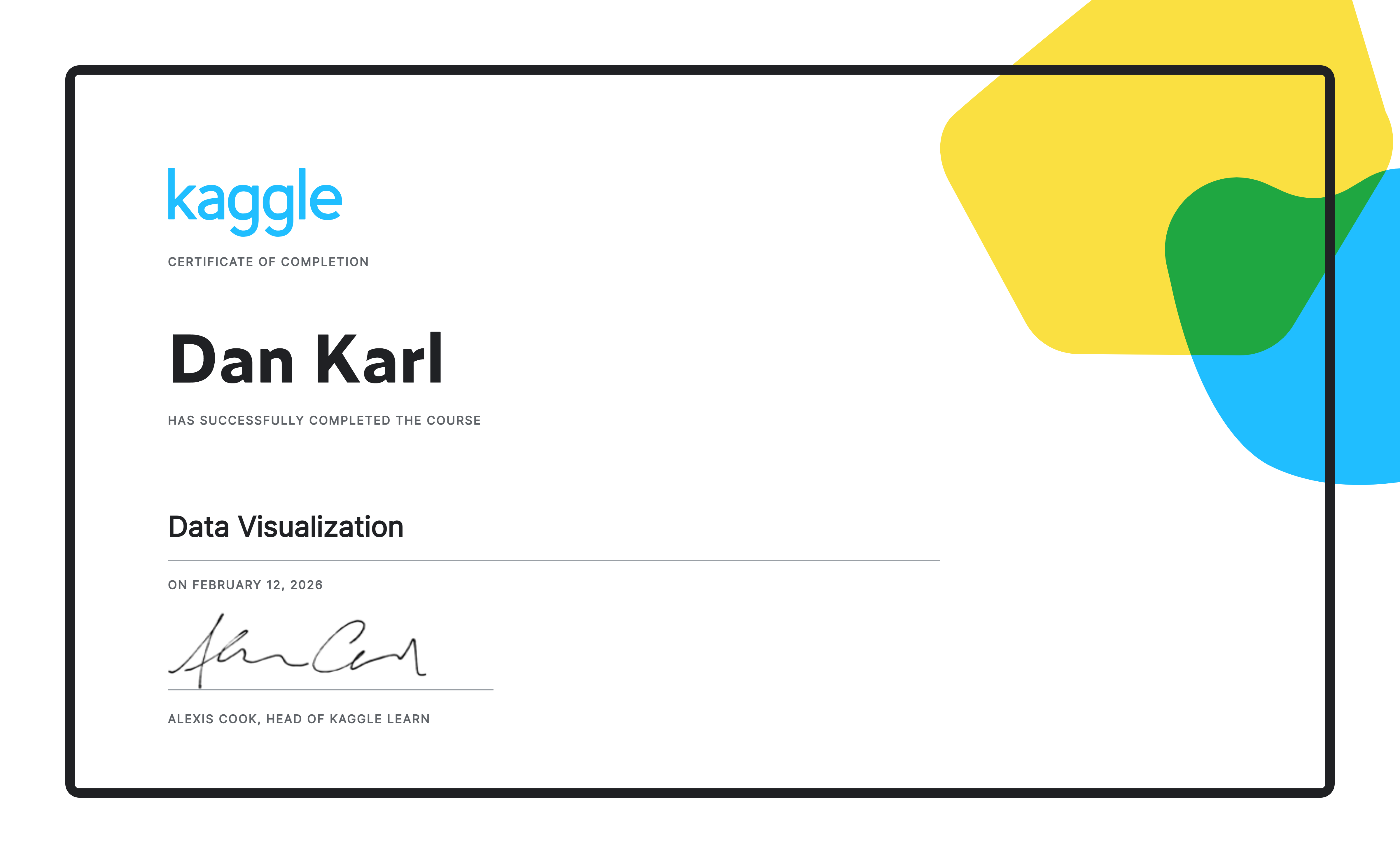 Dan Karl completed the Data Visualization course on Kaggle!