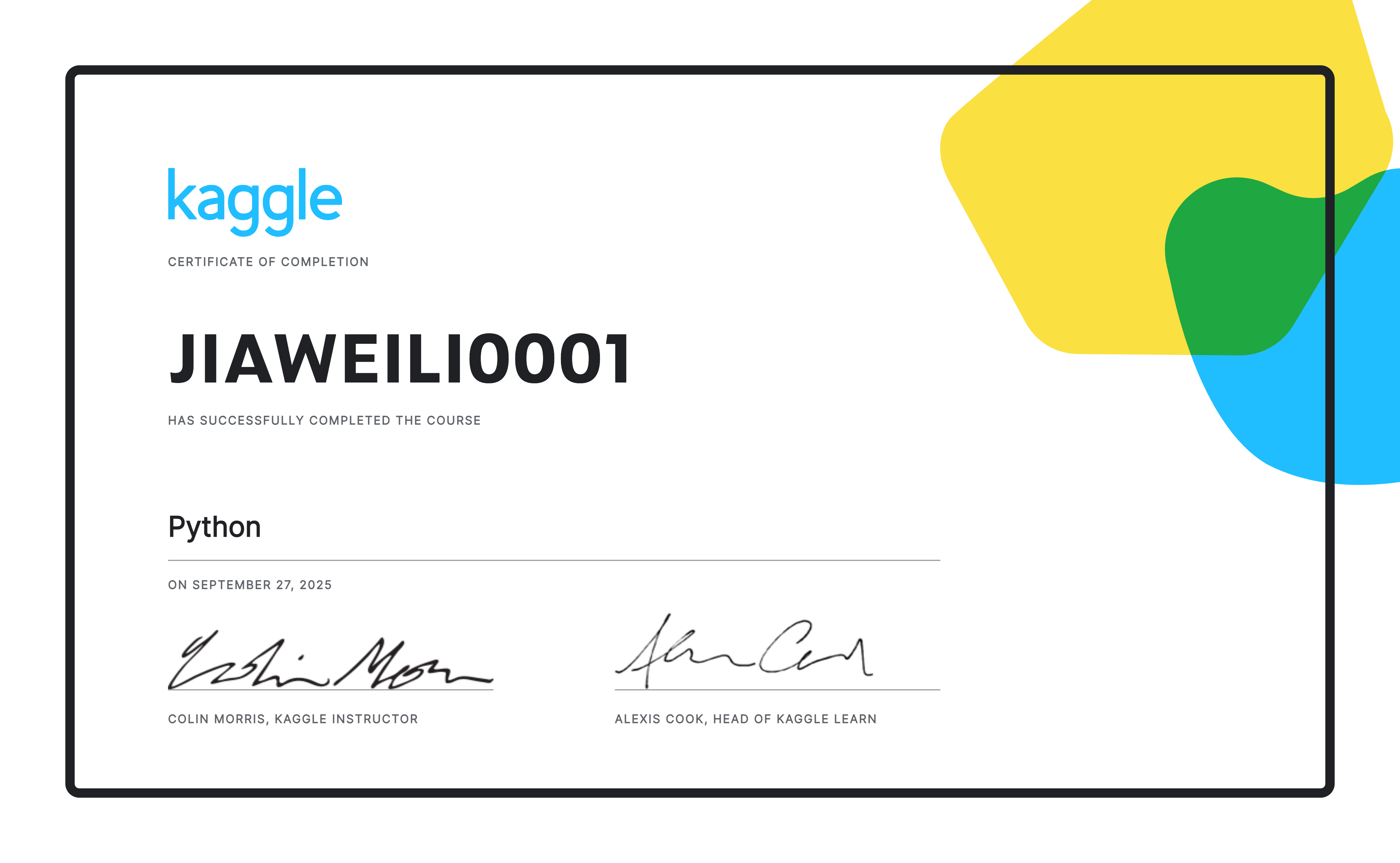 JIAWEILI0001 completed the Python course on Kaggle!