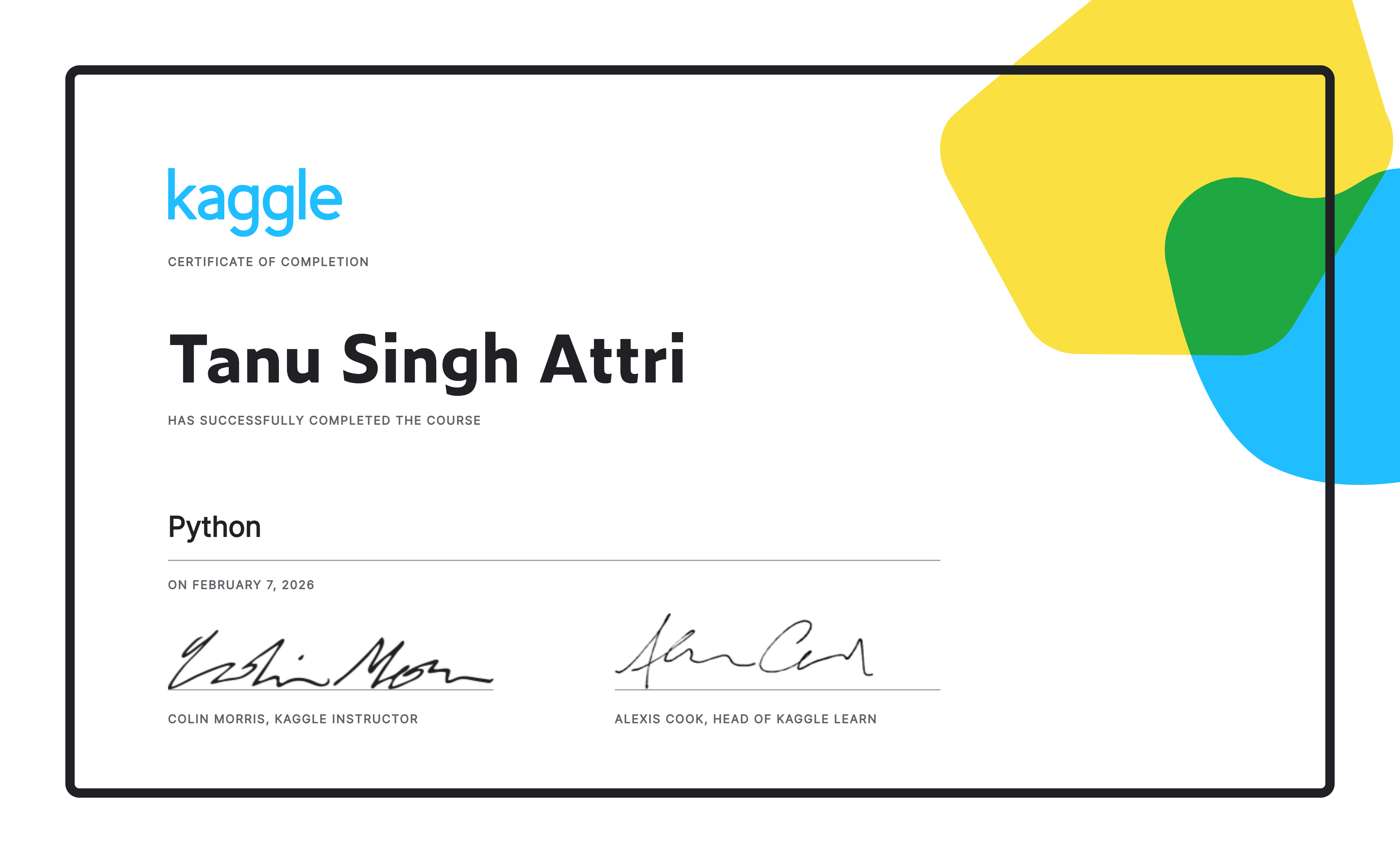 Tanu Singh Attri completed the Python course on Kaggle!