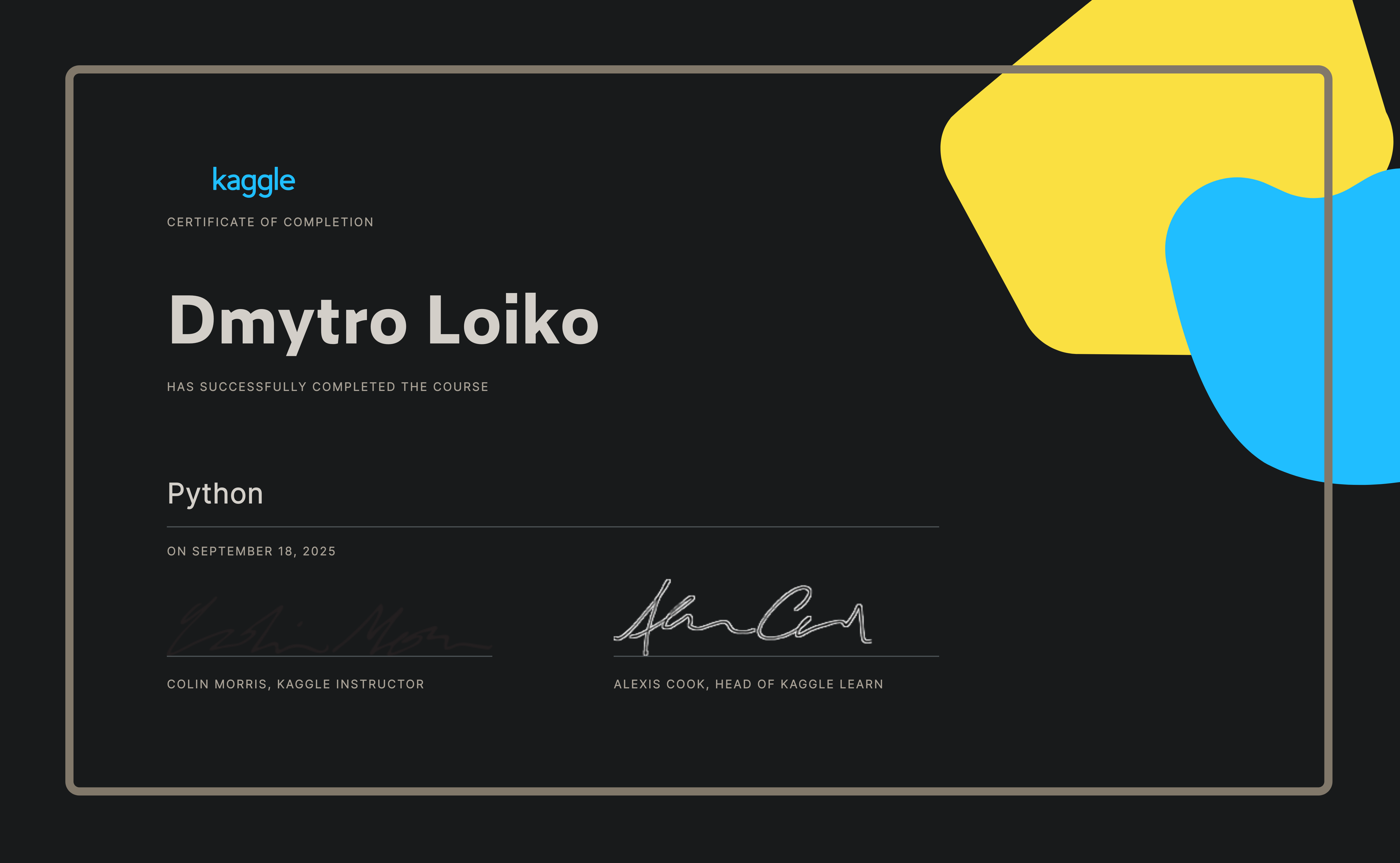 Dmytro Loiko completed the Python course on Kaggle!
