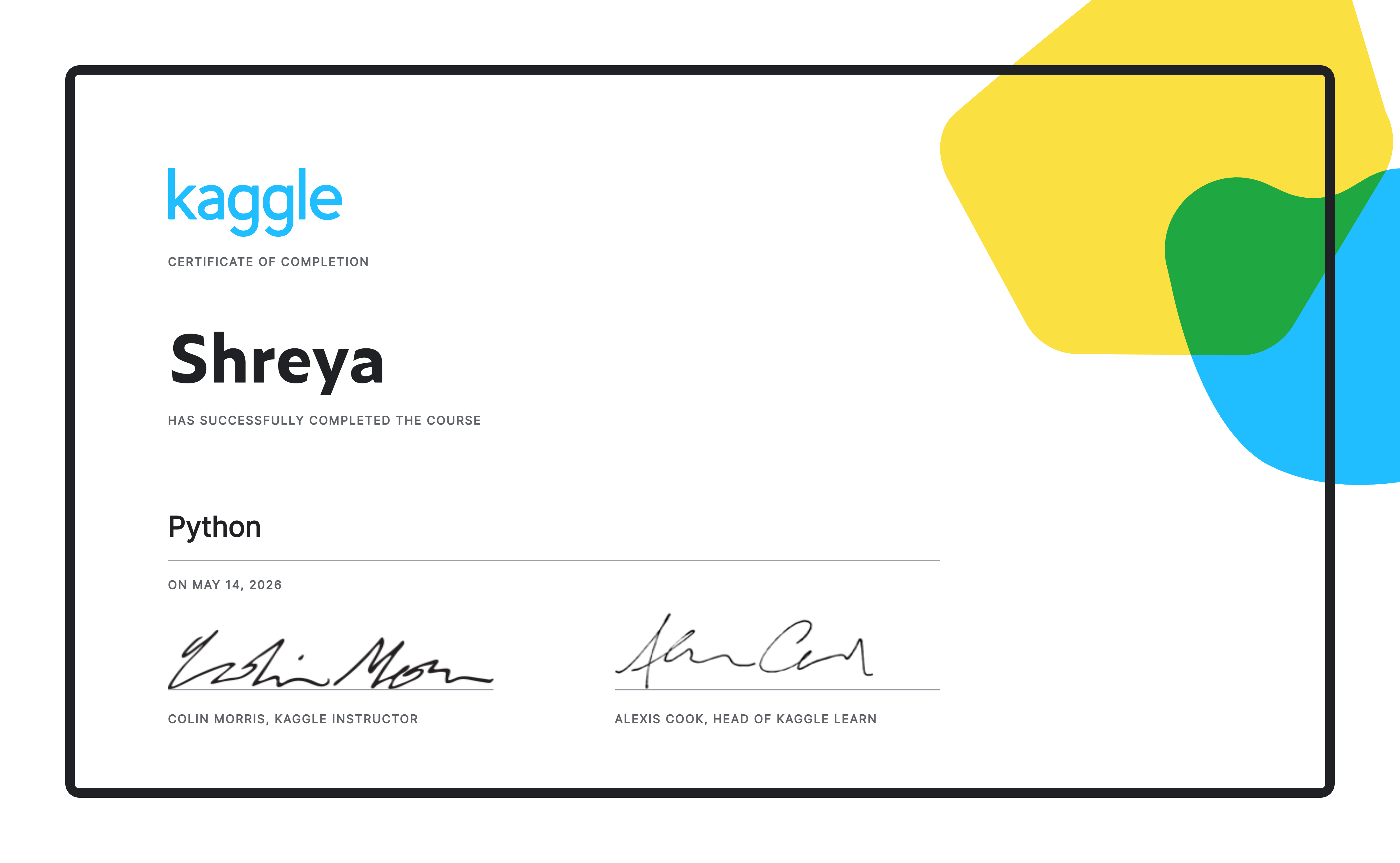 Shreya completed the Python course on Kaggle!