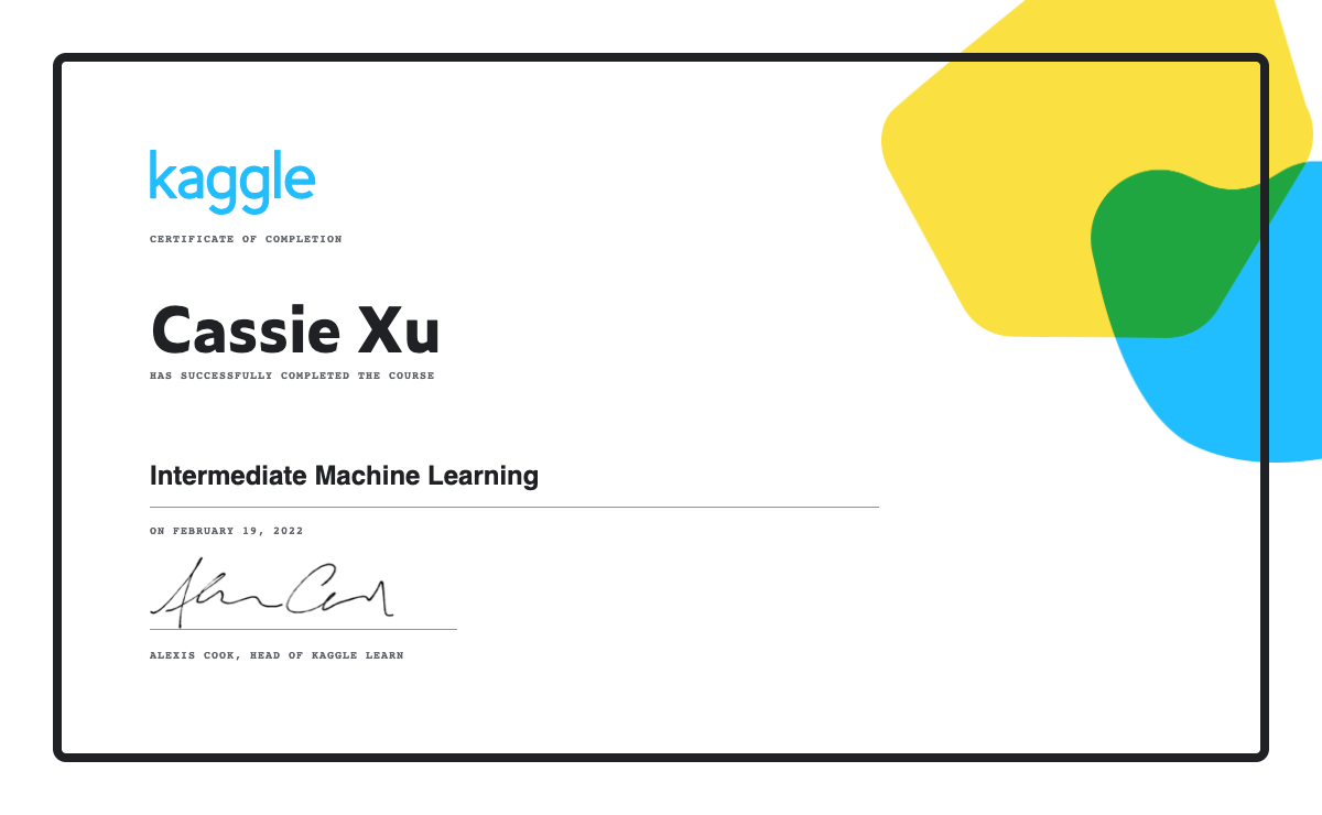 Cassie Xu Completed The Intermediate Machine Learning Course On Kaggle Cassie Xu Completed The Intermediate Machine Learning Course On Kaggle