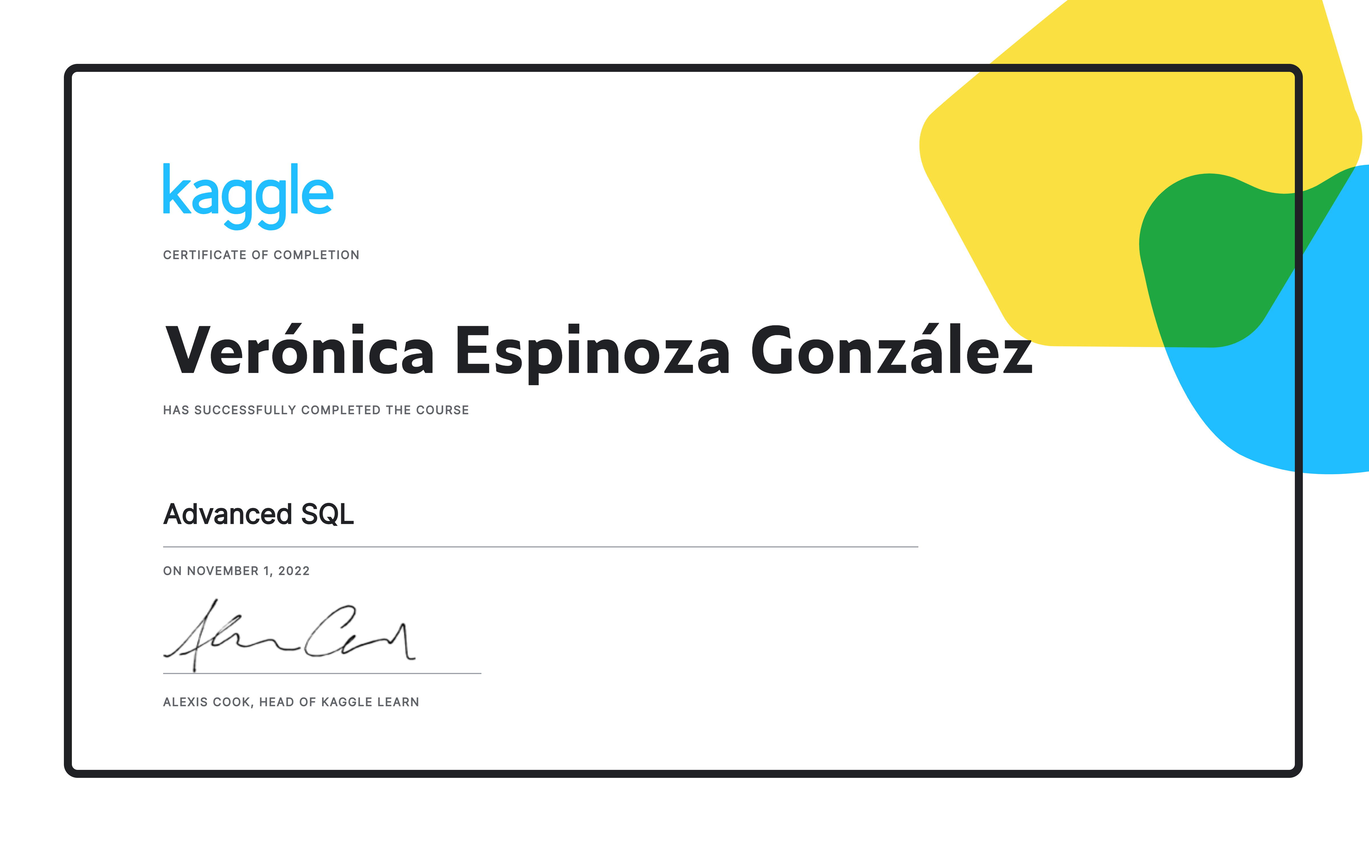 Ver nica espinoza gonz lez completed the advanced sql course on kaggle 