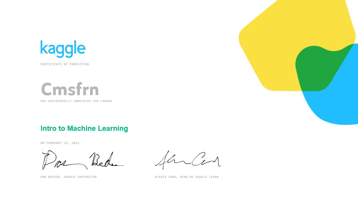 Cmsfrn completed the Intro to Machine Learning course on Kaggle!