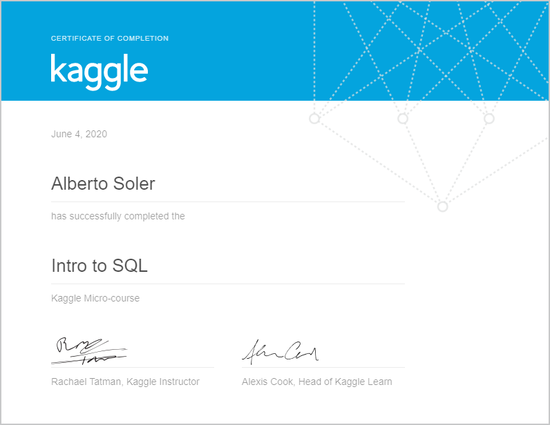 Alberto soler completed the intro to sql course on kaggle 