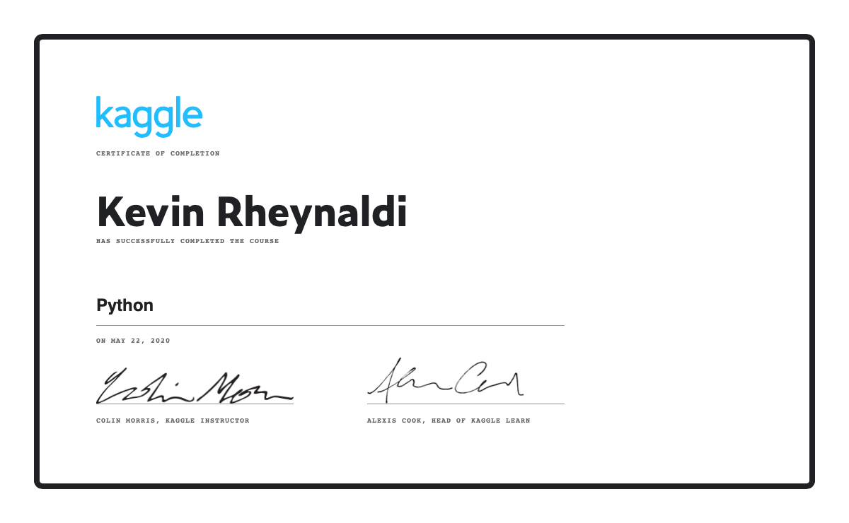 Kevin rheynaldi completed the python course on kaggle 