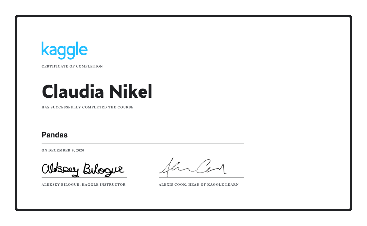 Claudia nikel completed the pandas course on kaggle 