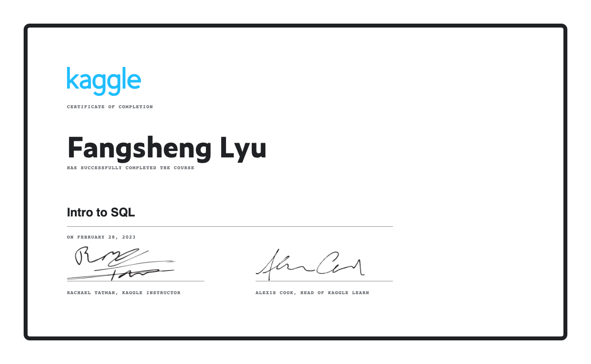 Fangsheng lyu completed the intro to sql course on kaggle 
