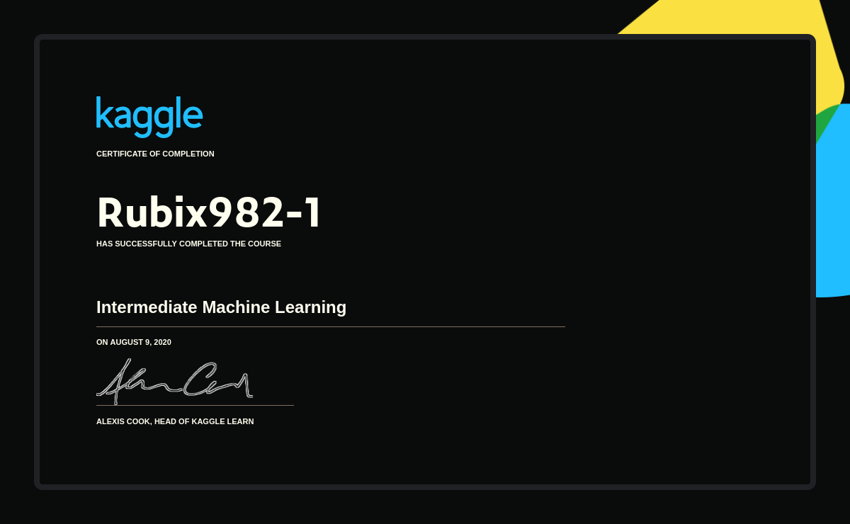 Rubix982 1 Completed The Intermediate Machine Learning Course On Kaggle Rubix982 1 Completed The Intermediate Machine Learning Course On Kaggle