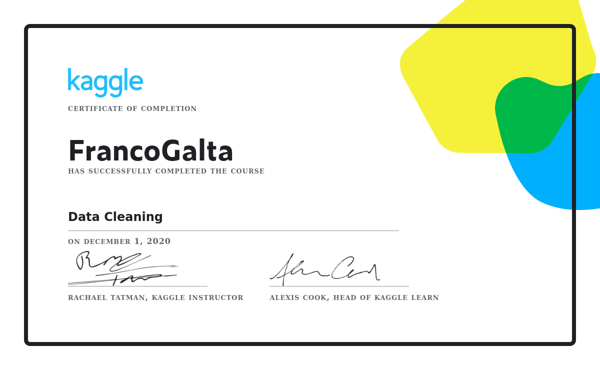 FrancoGalta completed the Data Cleaning course on Kaggle!