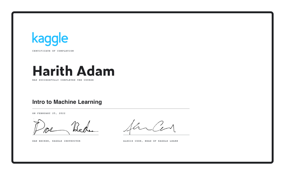 Harith adam completed the intro to machine learning course on kaggle 