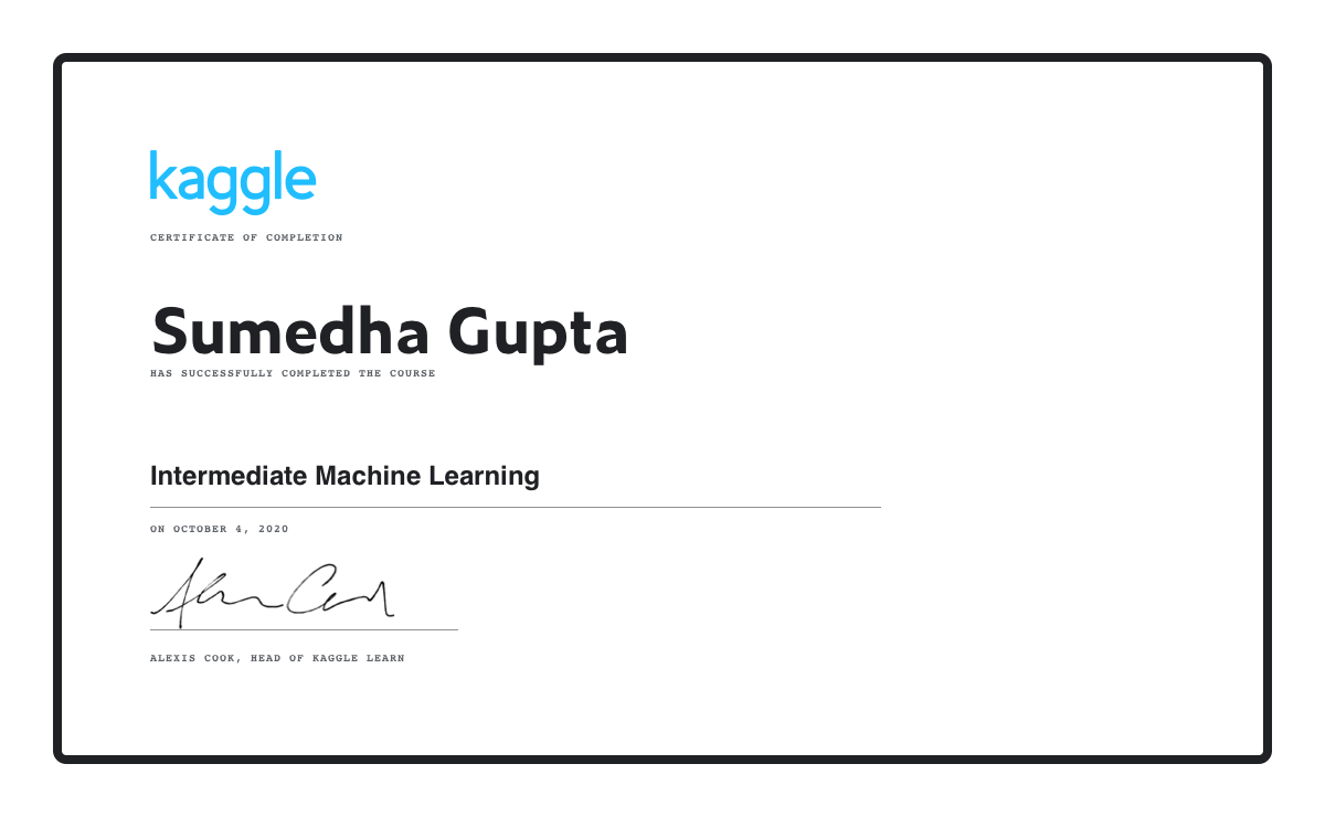 Sumedha Gupta Completed The Intermediate Machine Learning Course On Kaggle Sumedha gupta completed the intermediate machine learning course on kaggle