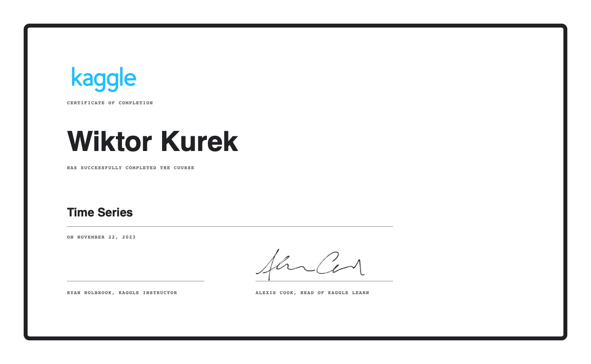 Wiktor Kurek completed the Time Series course on Kaggle!
