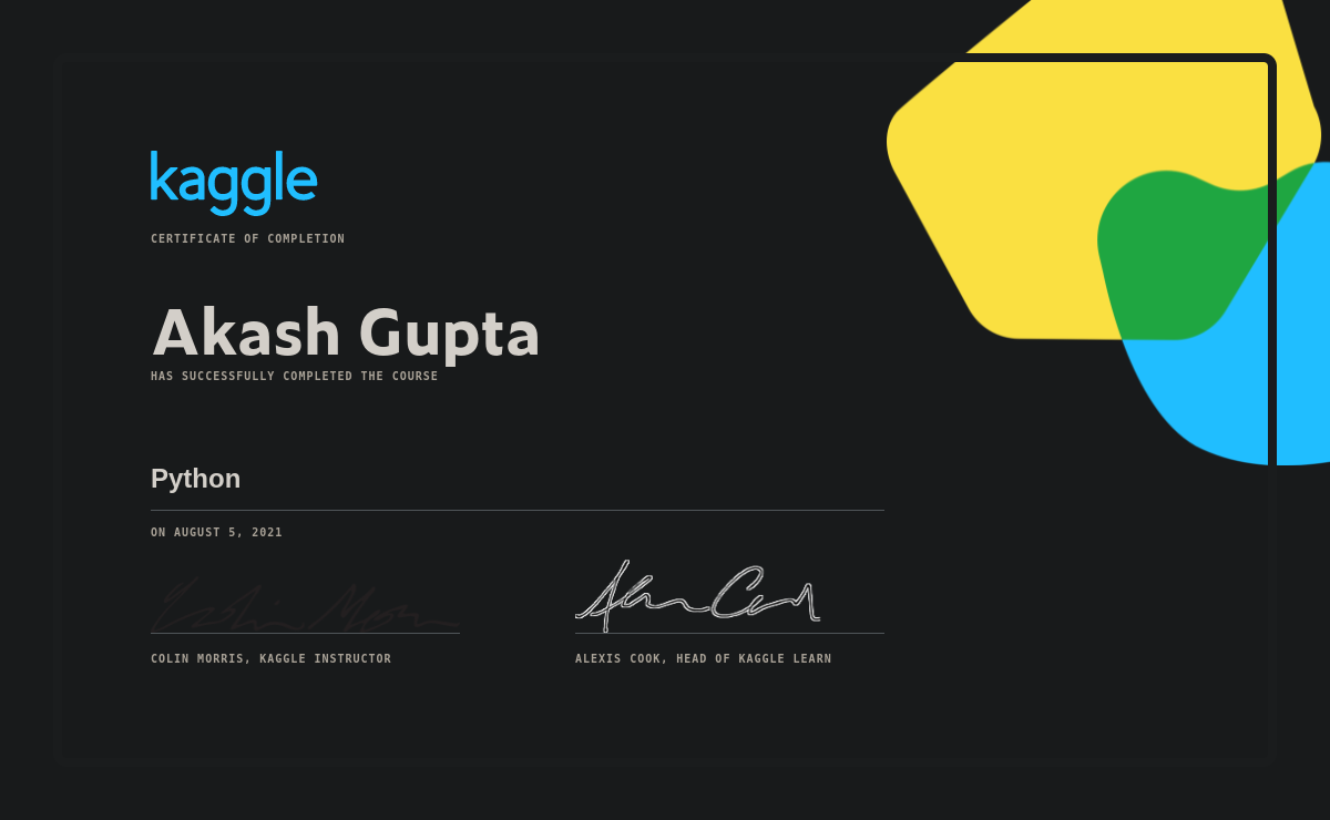 Akash Gupta Completed The Python Course On Kaggle
