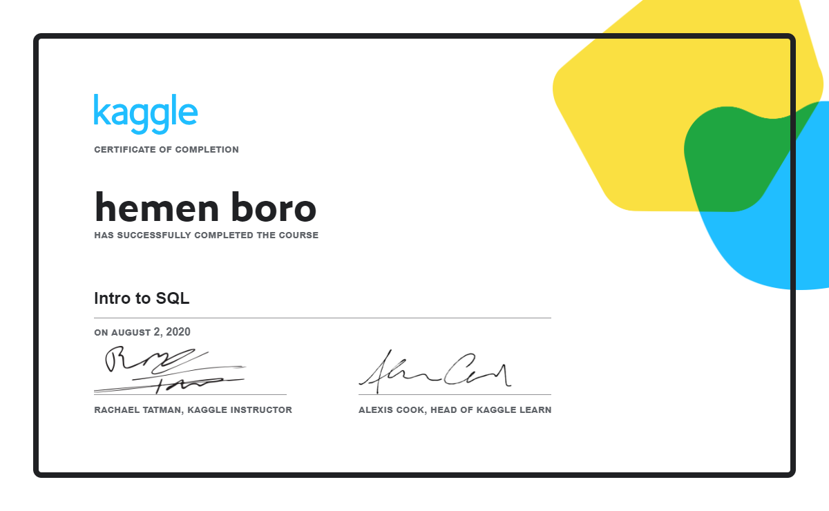 Hemen boro completed the intro to sql course on kaggle 