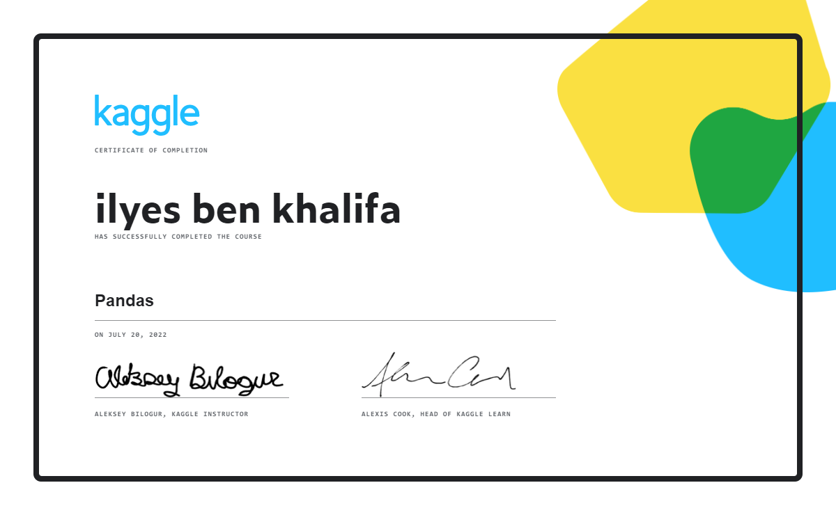 Ilyes ben khalifa completed the pandas course on kaggle 