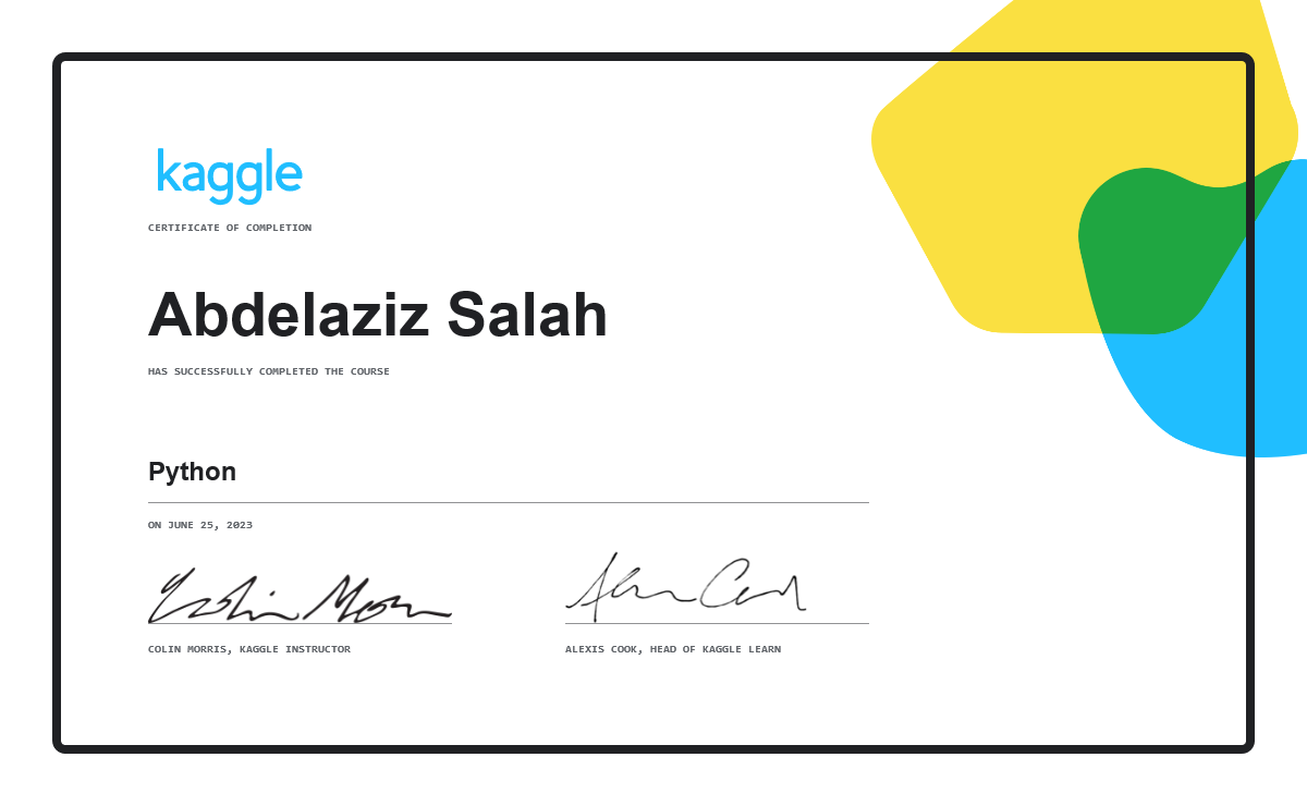 Abdelaziz Salah completed the Python course on Kaggle!