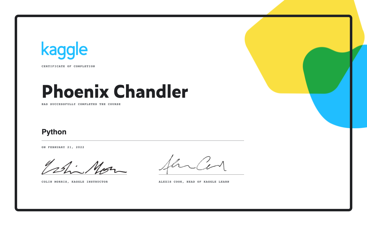 Phoenix Chandler completed the Python course on Kaggle!