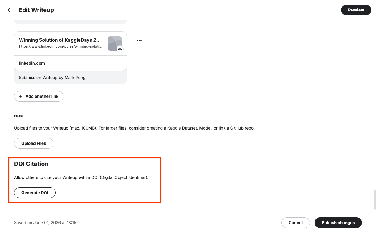 Kaggle Writeup editor showing the DOI generation interface