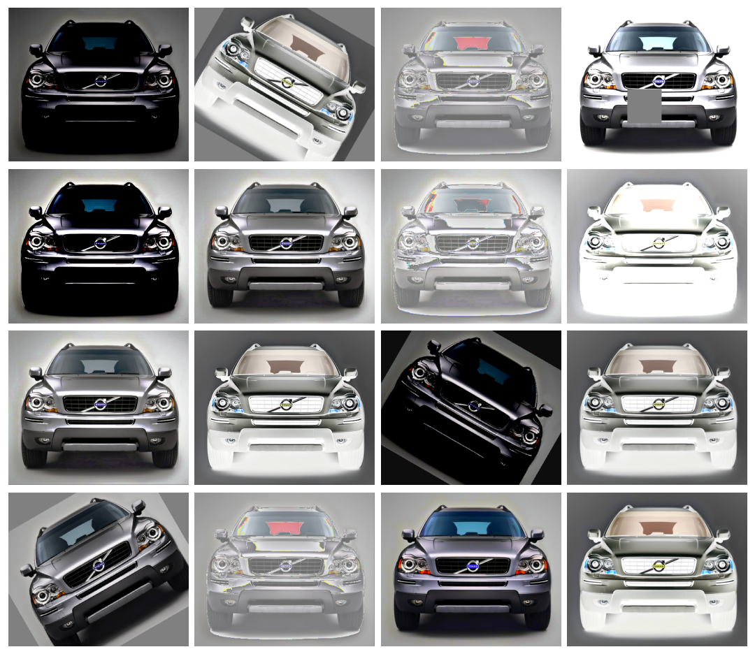 Sixteen transformations of a single image of a car.