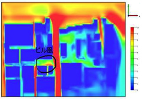 ビル風の風況解析結果1(赤いほど風が強い)