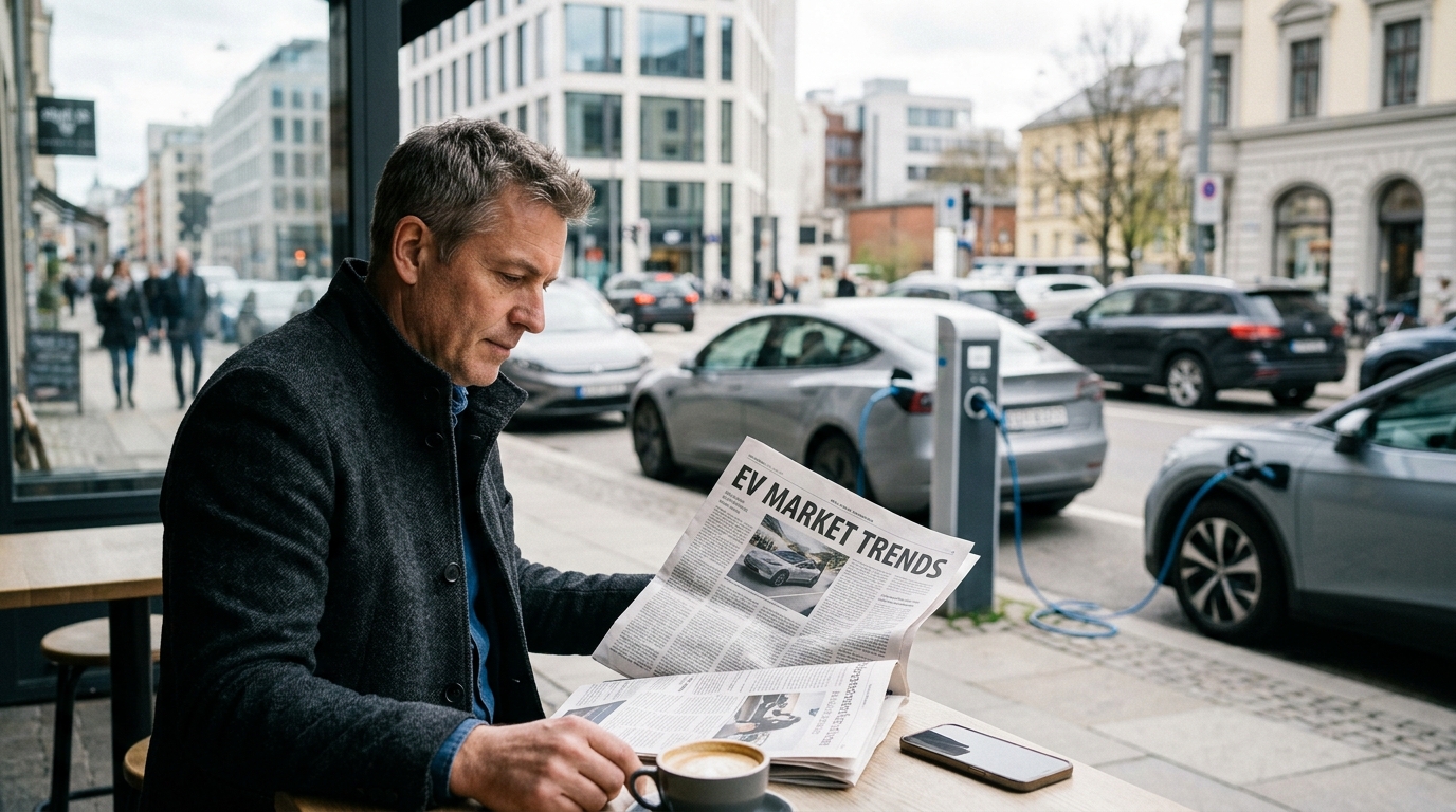 A sleek, modern electric vehicle charging at a station with a futuristic city skyline in the background, symbolizing the growth of EV market share.