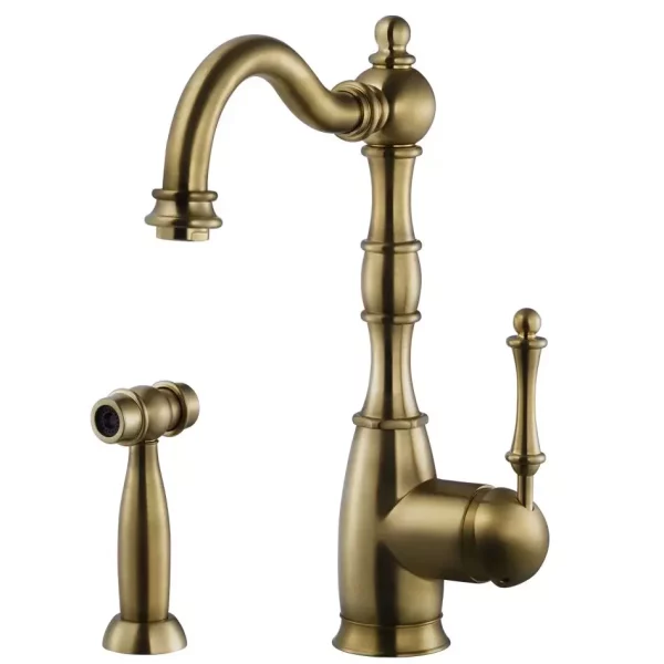 ברז מטבח ומזלף צד בעיצוב עתיק גימור פליז מוברש גוון צהוב ענתיק