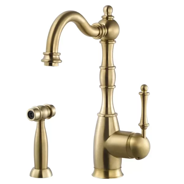 ברז מטבח ומזלף צד בעיצוב עתיק גימור פליז מוברש גוון צהוב זהב