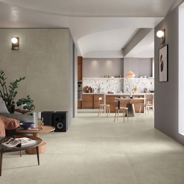 אריח גרניט פורצלן ענק מדוקק (SLAB) דמוי בטון בגוון לבן-שמנת מט 280×120 – תוצרת איטליה