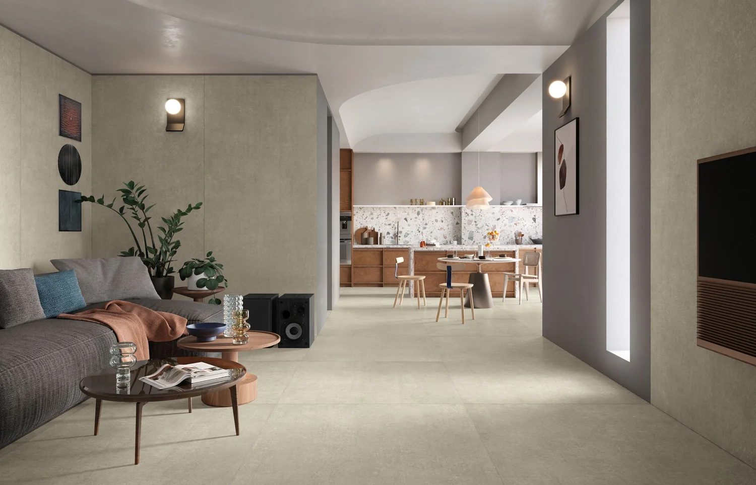 אריח גרניט פורצלן ענק מדוקק (SLAB) דמוי בטון בגוון לבן-שמנת מט 280×120 – תוצרת איטליה