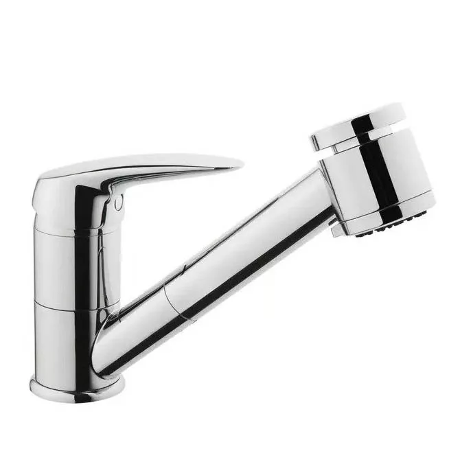 ברז מטבח מסתובב ובעל ראש נשלף בגימור כרום גוון אפור כסף