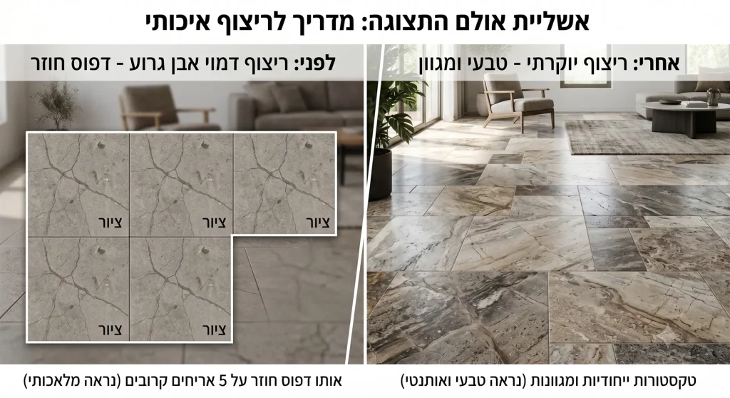 המחשת החשיבות של מספר פנים (Faces) גבוה בבחירת ריצוף לבית: משמאל ריצוף עם דפוס חוזר וזול, ומימין ריצוף עם ריבוי הדפסות המעניק מראה של אבן טבעית.