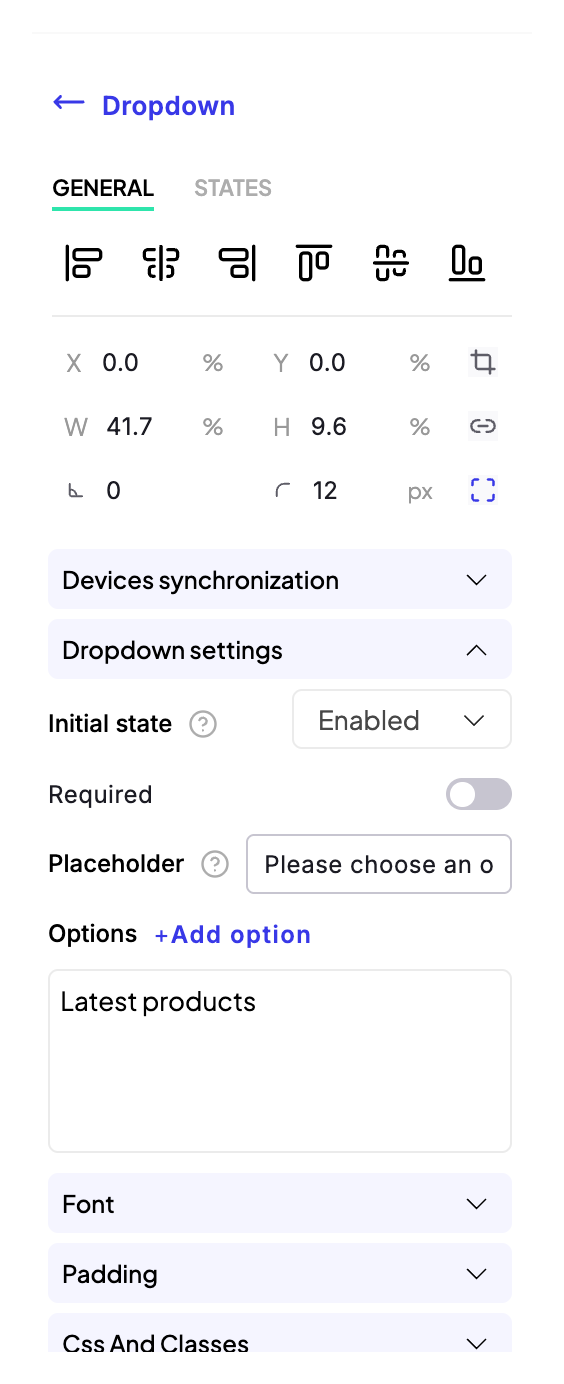 Dropdown element settings on the General tab, showing Initial state, Required, Placeholder, and the option Latest products