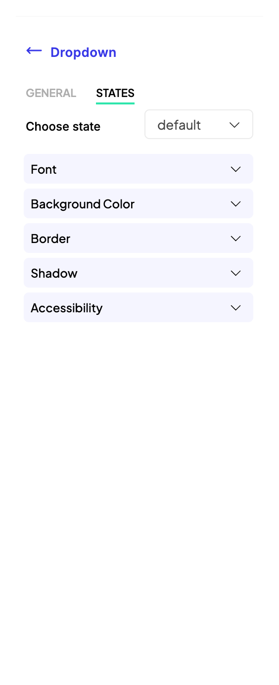 Dropdown element settings on the States tab, with Choose state set to default and the Font, Background Color, Border, Shadow, and Accessibility sections