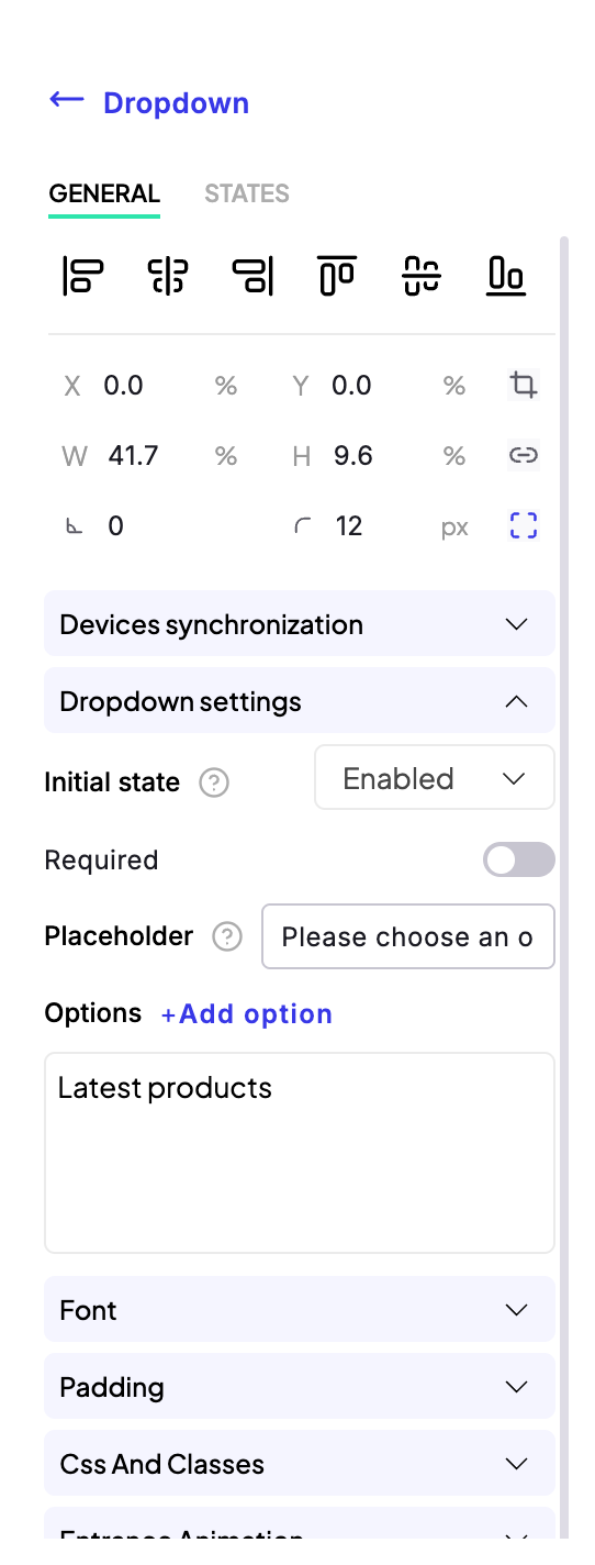 Dropdown element panel, General tab, with Required off, a Placeholder, and the option Latest products