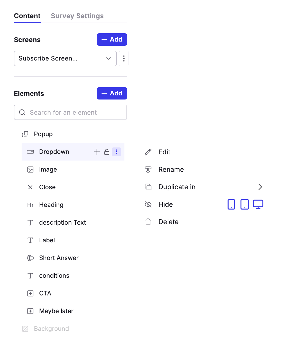 Widget Studio Content tab with the Dropdown element menu open, showing Edit, Rename, Duplicate in, Hide, and Delete