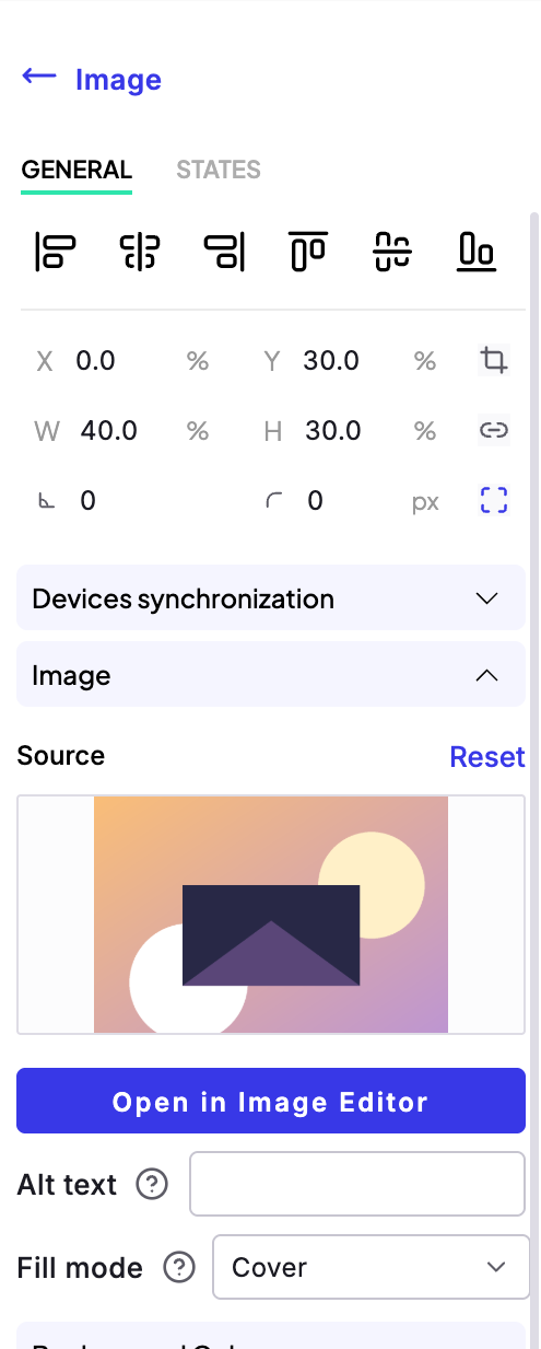 Image element panel, General tab, with the image Source preview, Open in Image Editor button, Alt text field, and Fill mode Cover