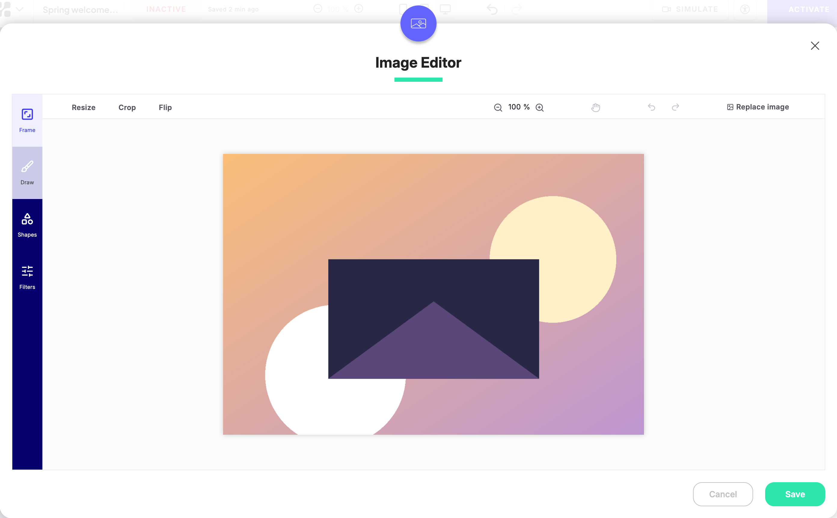 Image Editor dialog with Frame, Draw, Shapes, and Filters tools, Resize, Crop, and Flip tabs, and Cancel and Save buttons