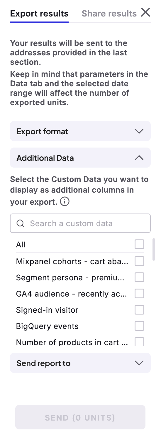 Sección Datos adicionales expandida debajo del selector de formato de exportación, mostrando una lista de casillas de verificación de datos personalizados