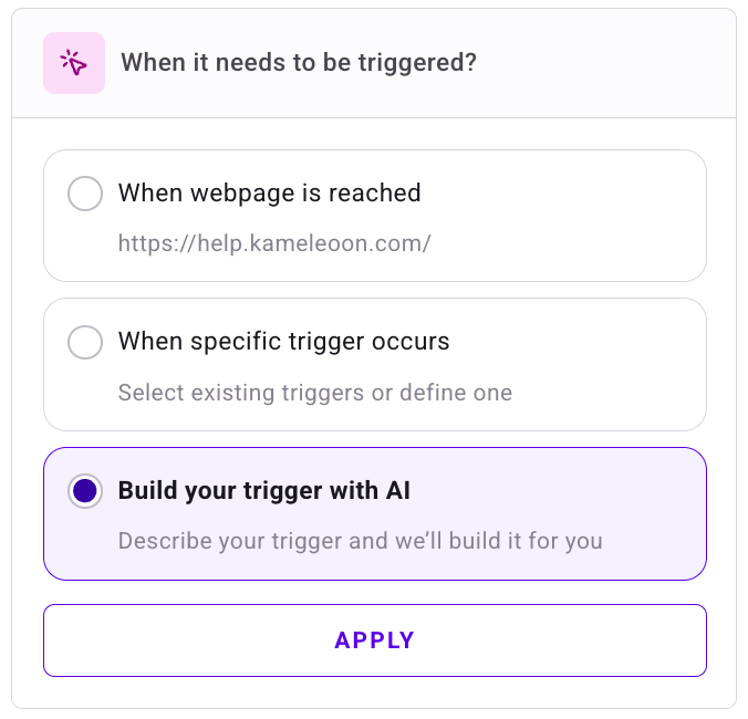 The "When it needs to be triggered?" panel with "When webpage is reached" selected and the experiment URL displayed.