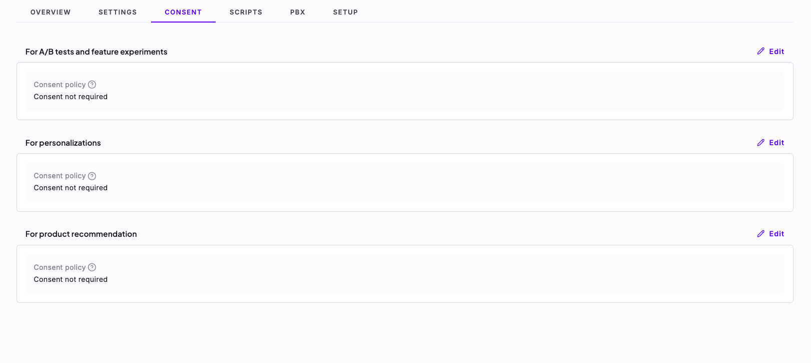 The Consent tab with the three consent policy sections