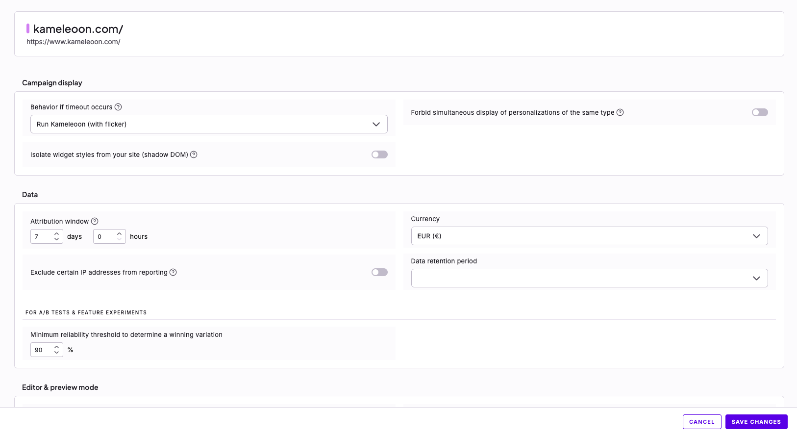 The Settings form with the attribution window in the Data section