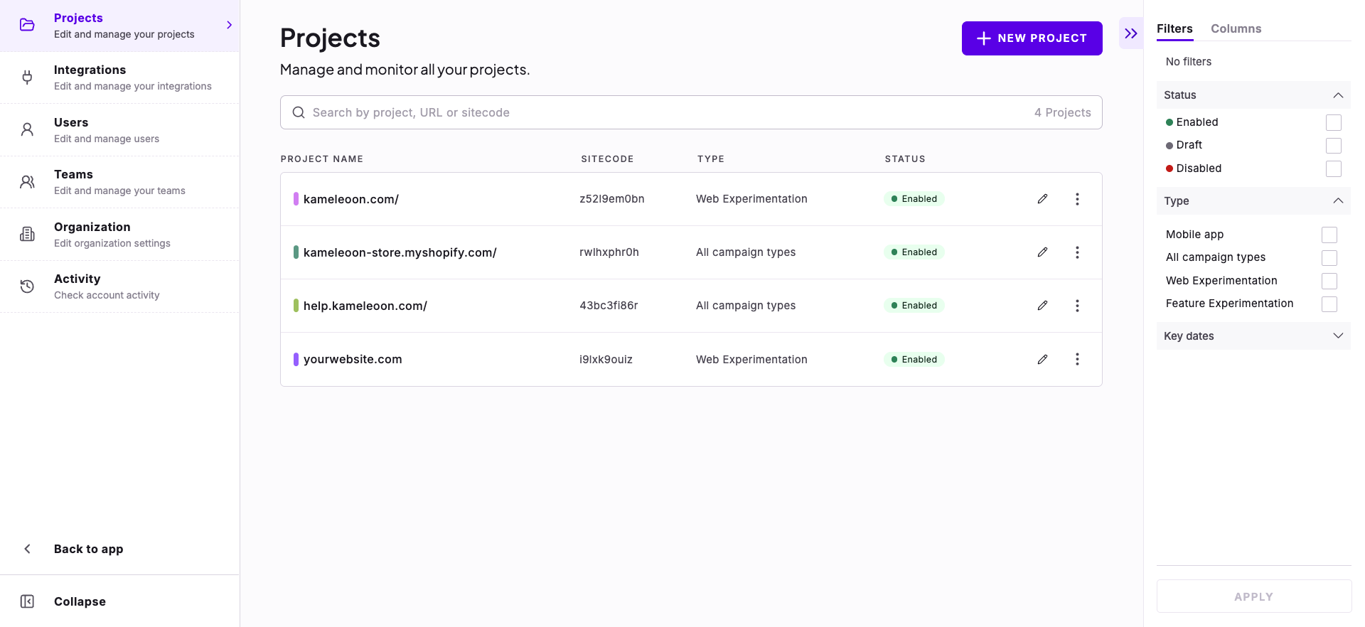 The Projects page with the Sitecode column