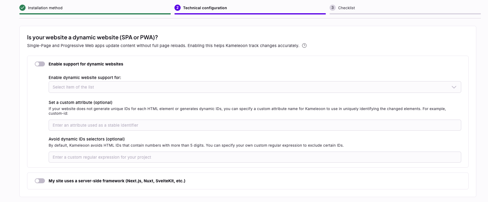 The Technical configuration step with the Enable support for dynamic websites toggle